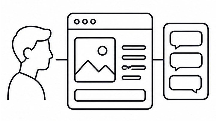 人とサイト、そしてAIのチャット画面が一続きにつながっている線画