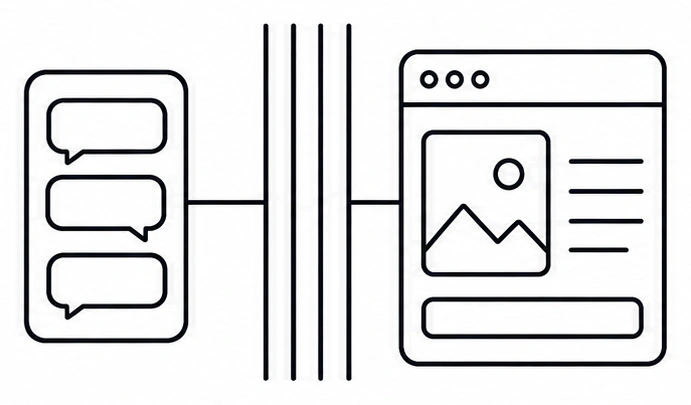 チャット画面からサイトへ向かう線が、縦の柵に遮られている線画